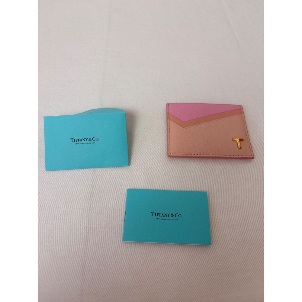 Tiffany & Co. T Pink Tricolor Grained Leather Card Case Wallet Made in Italy